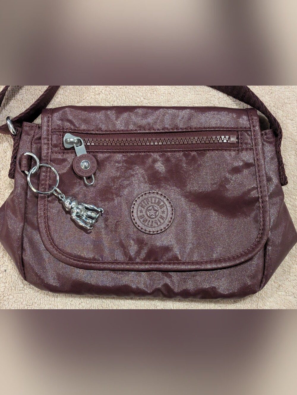 $25 Kipling Sabian Crossbody Mini Bag - Metallic Burgundy Monkey Charm EUC